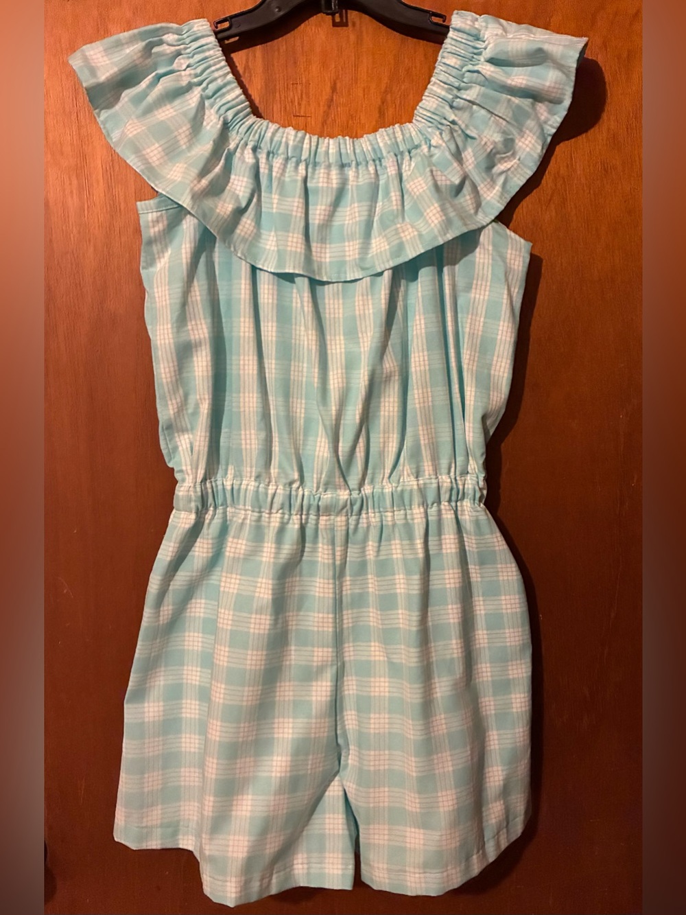 Women’s Aqua Palaka Ruffled Neck Romper